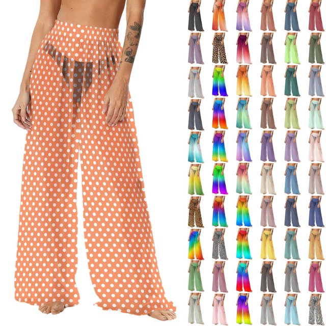 Pincandy Women See Through Sheer Mesh Pants Beach Swimsuit Bikini Bottom Cover up Party Club Elastic High Waist Wide Leg Pants