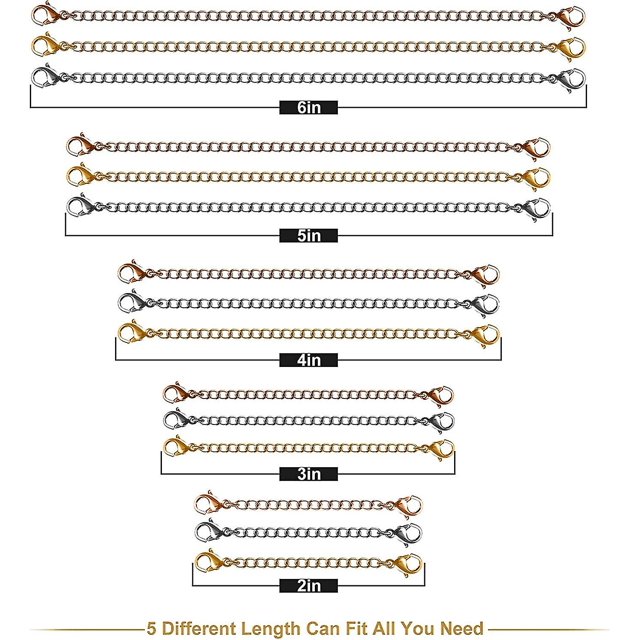 Extensores de collar, 15 piezas de acero inoxidable, oro, plata, collar, pulsera, tobilleras, cadenas de extensión con cierres de langosta y cierres para hacer joyas XianweiShao 8390614583887