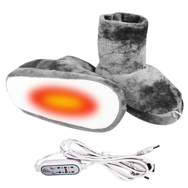 EGNMCR Women's Flats Ankle Boots USB Heated Slippers in grey, crafted with soft knitted wool and warm cotton for winter comfort. These indoor heated slippers feature a replaceable heating patch with a USB interface, allowing connection to power banks, computers, or car adapters. The design includes a thickened, non-slip sole and a washable, detachable structure. Quickly heats up within 3 minutes and maintains a constant temperature, ideal for office workers, students, and gamers during cold weather. Includes a USB cable and control panel for adjustable heating settings.