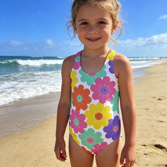 CAIXIA Girls Swimsuit One Piece Tie-Straps 3t Bathing Suit Girl Allover Printed Trim Wrap Tie Back Modest Ruched Girls Swimsuit Size 6 Stretch Padded Swimwear,7-8 Years