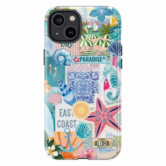Coastal Collage Phone Case, Blue Summer Beach Design iPhone Cover with Seashells, Starfish & Tropical Vibes, Durable Dual Layer Protective Case for iPhone 16 15 14 13 12 11 Pro Max Mini