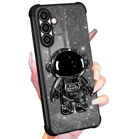 Buleens for Samsung Galaxy S24 Case for Women Girls Cute Astronaut Glitter Girly Sparkly Phone Cover with 6D Astronaut Hidden Stand Kickstand Design Sparkle Bling Cases for Samsung S24 6.2'' Black