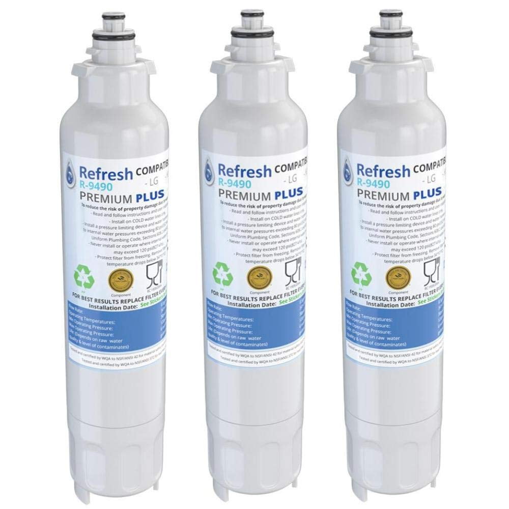 Refresh Plus R-9490 Refrigerator Water Filter Replacement for LG LT800P, ADQ73613401, ADQ73613402, ADQ73613408, NSF/ANSI 53 & 42, 6-Month, 3-Pack