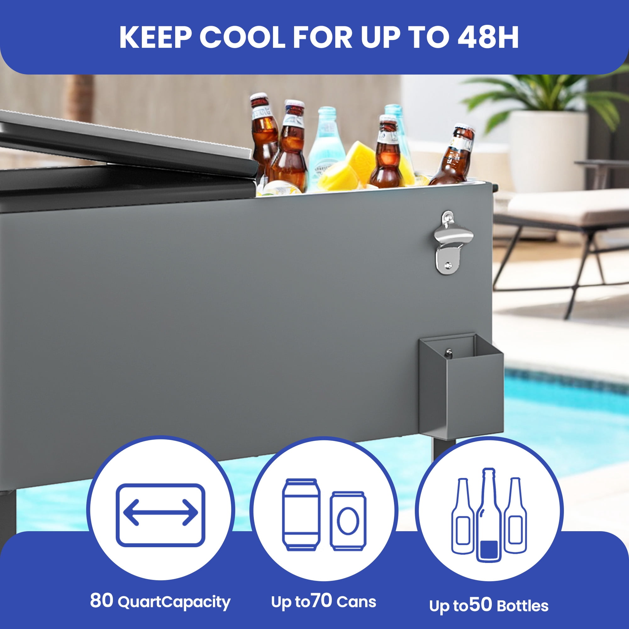 Uforic 80 Quart Rolling Ice Chest Cooler Cart,Outdoor Portable Beverage Cart, with Bottle Opener, Storage Shelf & Drain, Gray