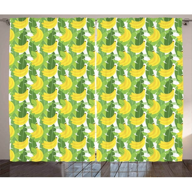 Banana Leaf Curtains 2 Panels Set Large Hanging Cer Of Ripe Bananas Cartoon Ilrated Design Window Ds For Living Room Bedroom 108w X 90l Inches Fern Green And Yellow By Ambesonne Banana Leaf Curtains 2 Panels Set, Banana Leaf Curtains Uk
