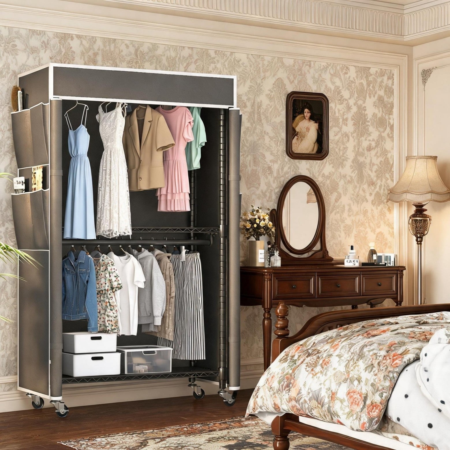 Sailvan Heavy Duty Clothing Rack with Cover, Portable Closet Wardrobe with Double Hanging Rods and Wheels, 3-Tier Storage Shelves,Gray