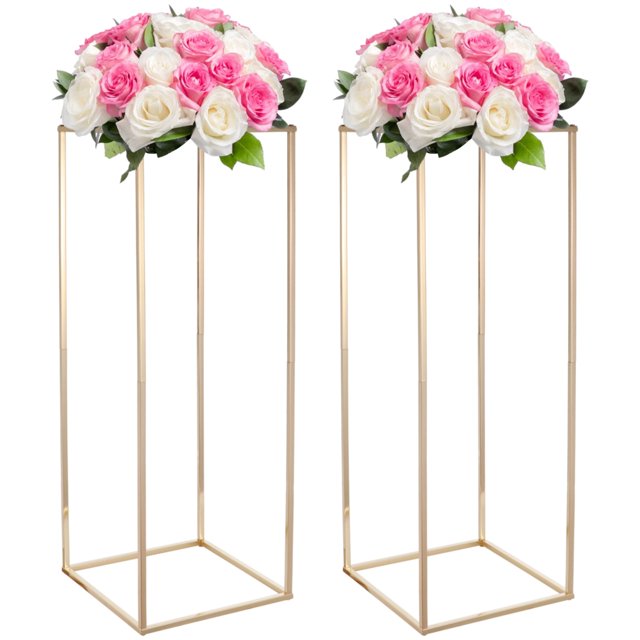 2 soportes dorados para flores de boda, soporte dorado para flores de 31,5 pulgadas con placa de acrílico, florero de metal para decoración de centros de mesa de boda, soporte de pedestal