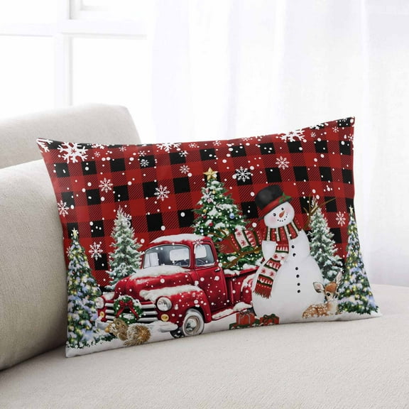 Red Plaid Christmas Snowman Queen Size Pillow Cover, Pillowcase Protectors with Zipper, Breathable Decorative Throw Pillow Case Cover, Xmas Truck Tree Snowflake Pillow Shams for Couch Sofa 20x30Inch