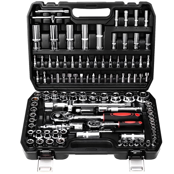 TLGREEN 108 Pcs Mechanic Socket Tool Kit, CR-V Steel Metric and Standard 1/4" & 1/2" Ratchet set, Universal Joint, Extension Bars,Adapter,Ratchet Wrench,Socket Set for Car