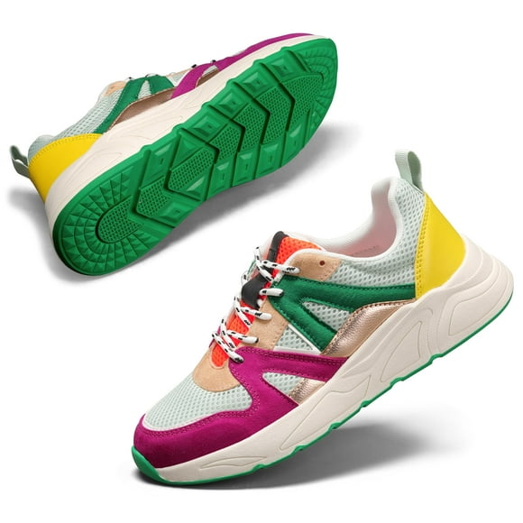 Zapatillas LUCKY STEP a la moda para mujer, con plataforma, clásicas, leopardo, para caminar, tenis, viajes, zapatillas gruesas y coloridas para estilo de vida (fucsia/verde, 8.5 libras (M) EE. UU.)