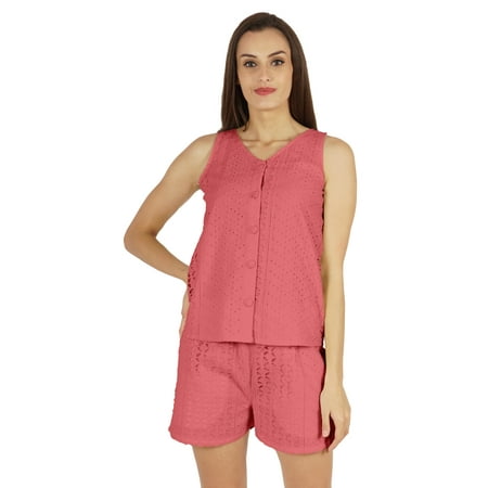 

Bimba Sexy Schiffli Nightwear Set For Womens 2 Pcs Summer V-Neck Sleeveless Loungewear
