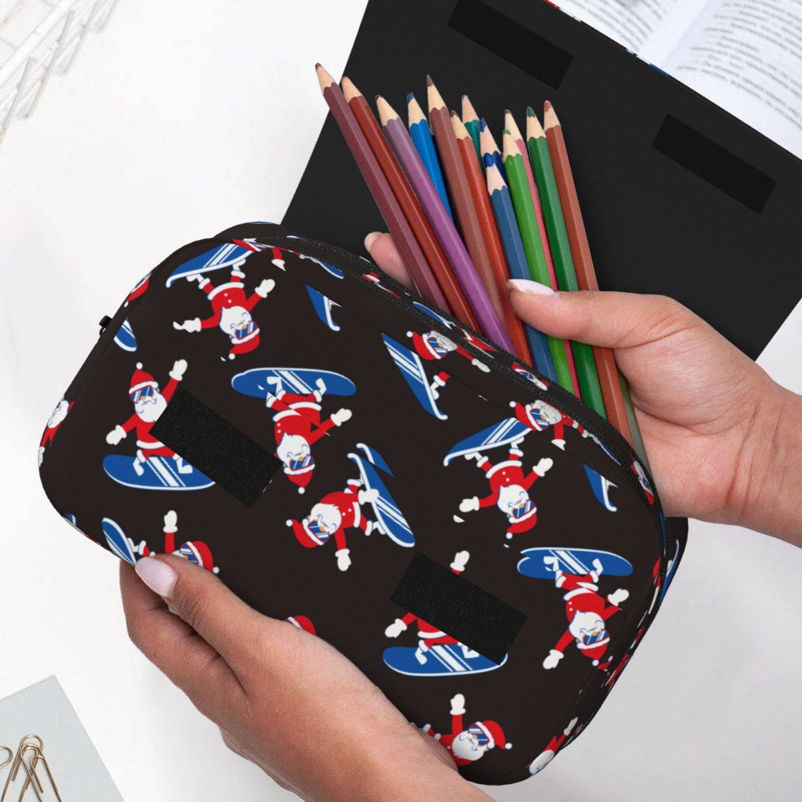 Rateoe Surfing Santa Pattern Double Clamshell Pen Case, Storage Organizer with Two Zipper Compartments– Holds Up to 50 Pencils & Pens