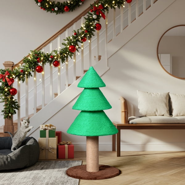 Alvantor Christmas Tree Cat Scratching Post Tower 31.5 in Tall Sisal Rope Scratcher with Fleece Base Green