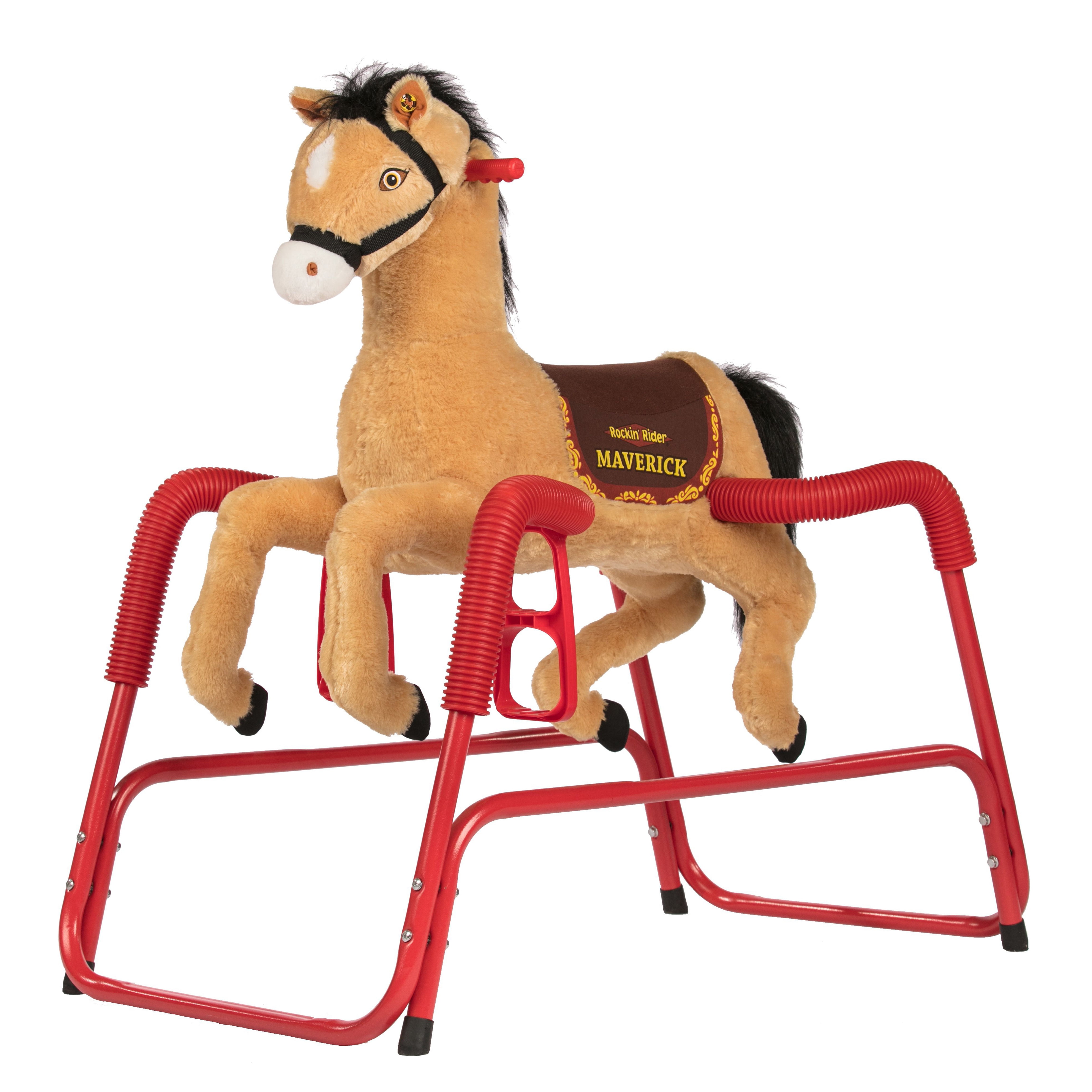 Spring Rocking Horse Plush Ride on Toy with Adjustable Foot Stirrups and Sounds