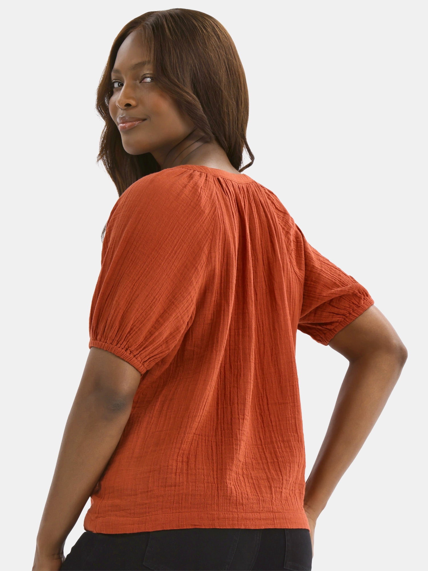 Time and Tru Women's Double Cloth Cotton Top with Short Sleeves, Sizes XS-XXXL