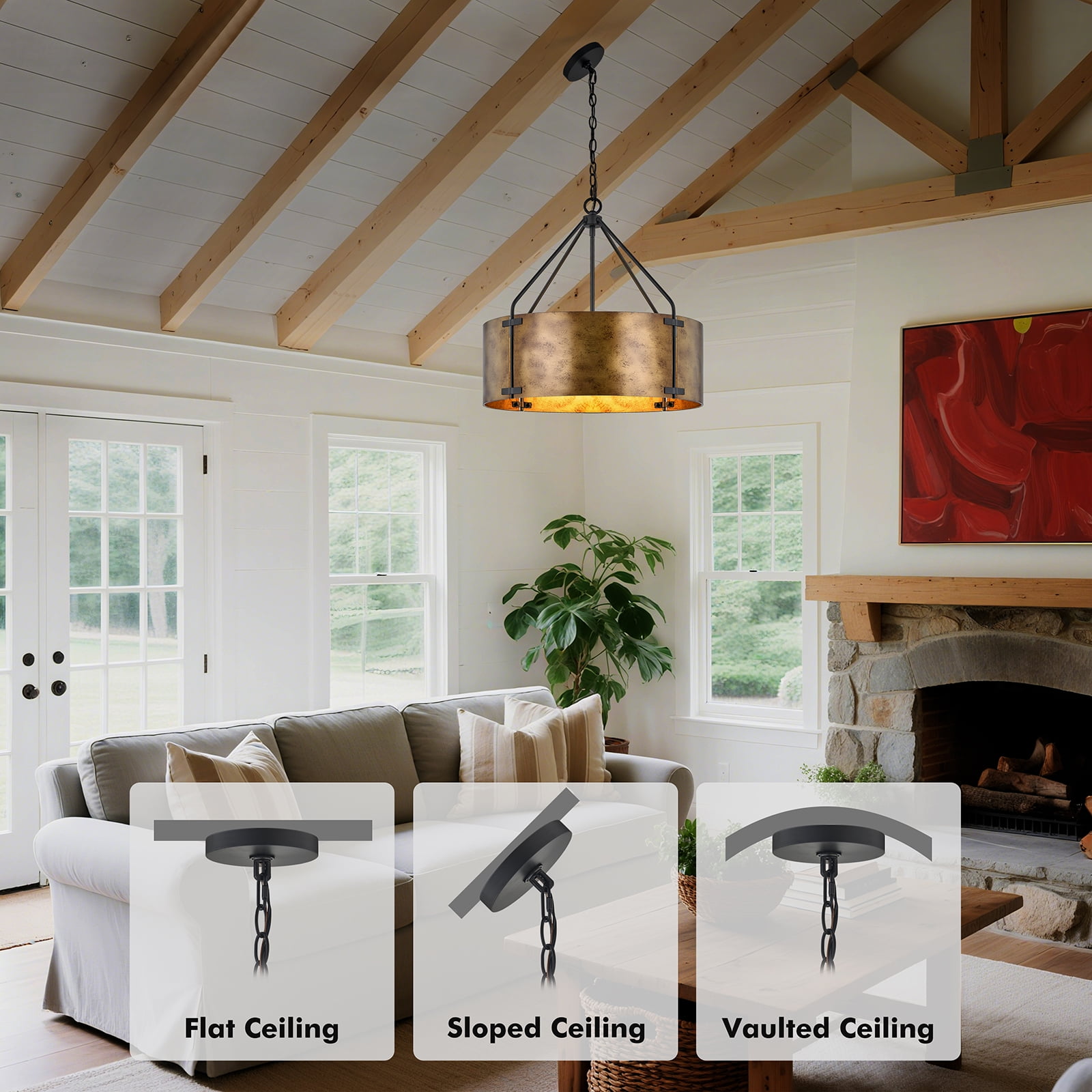 NATYSWAN 22 inch Industrial Cage Ceiling Light with 4 Lights (No Bulbs), E27 Base Max 100W Each, Dual USB-A & C Charging Ports, 60 inch Chain, for Kitchen, Dining Room, Farmhouse Indoor