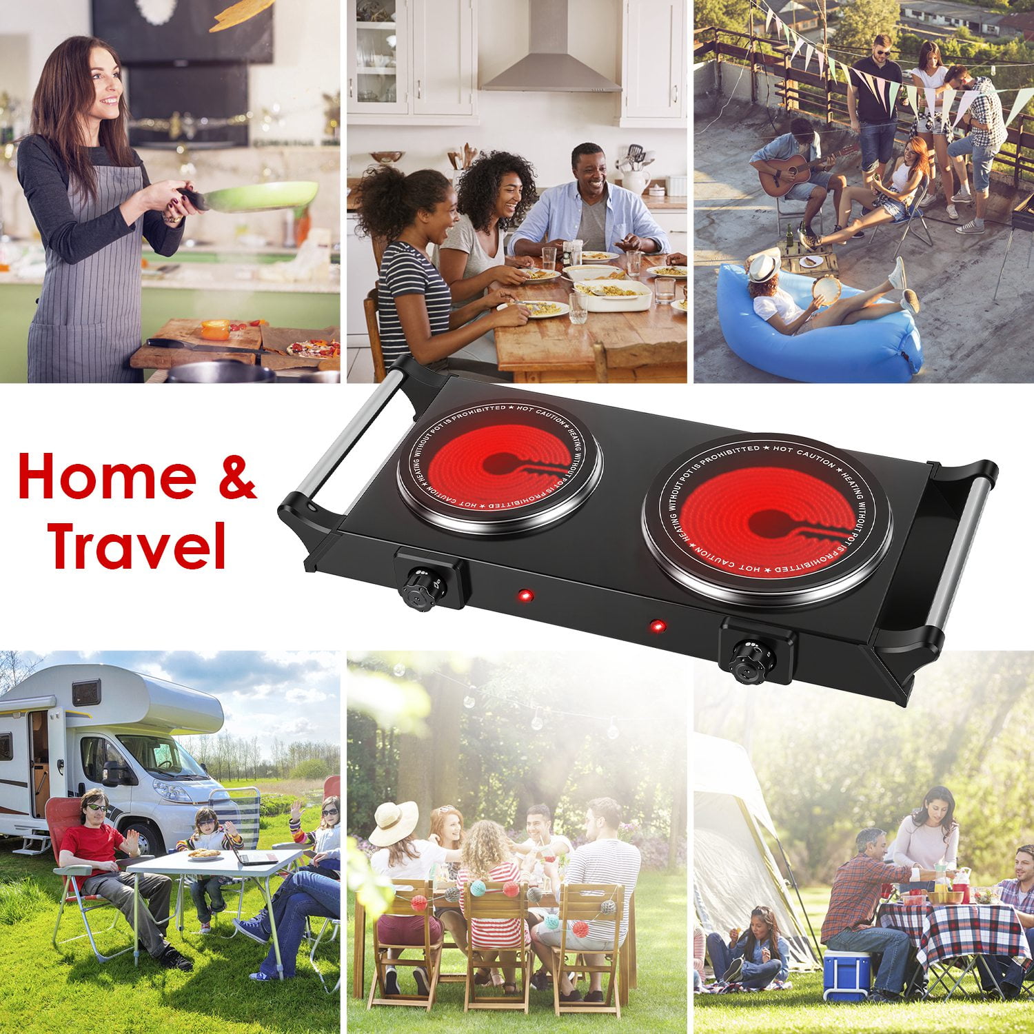 Dual Electric Hot Plate - 5-Second Fast Heating with 6.3 & 7.5 Inch Glass Plates, 800W+1000W Power, Thermostat Control & Auto Shut-Off, 338-1022°F Adjustable Temp, Portable for Camping, Dorms, Small