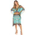 thumbnail image 5 of Sakkas Miui Ligthweight Rhinestone V Neck Printed Short Caftan Dress / Cover Up - Turquoise Multi - One Size, 5 of 5