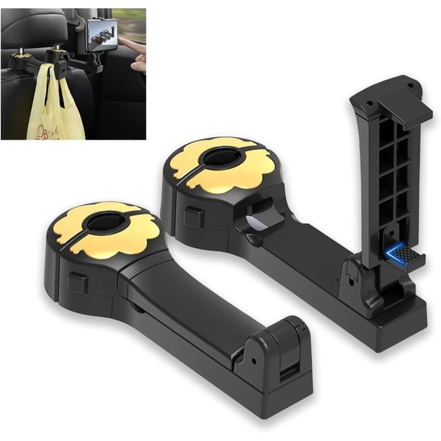 Gancho para reposacabezas de coche con soporte para teléfono, paquete de 2 ganchos mejorados 2 en 1 para asiento trasero de coche, perchas de rotación de 360°, vehículo universal