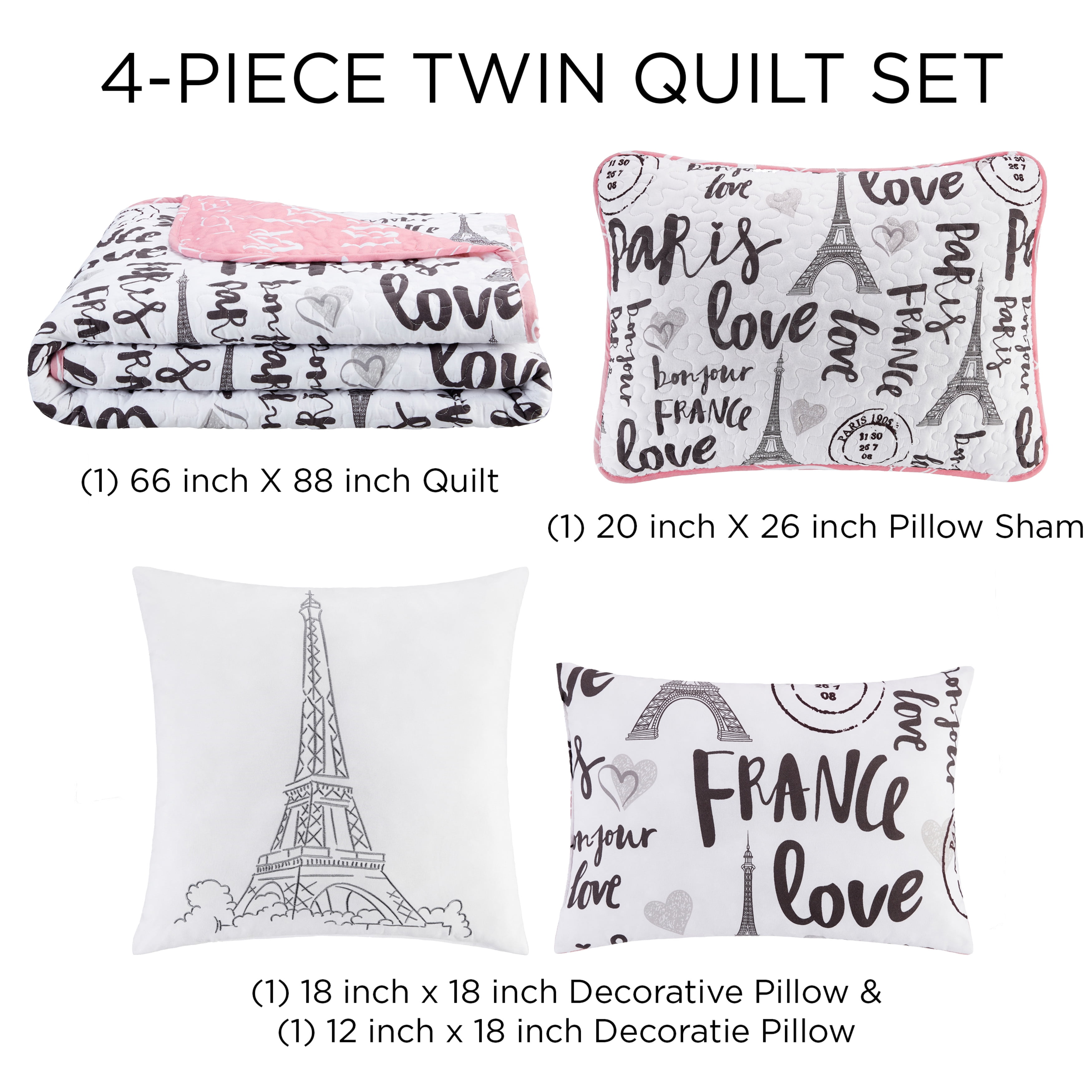Bedding 4-piece Reversible Quilt Set, Pink/White/Black, Twin, Bonjour by Quaint Home