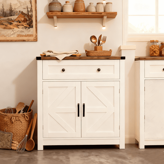 OTONIPU Farmhouse Barn Door Storage Cabinet, Coffee Bar Sideboard with Drawer, White & Wood Grain