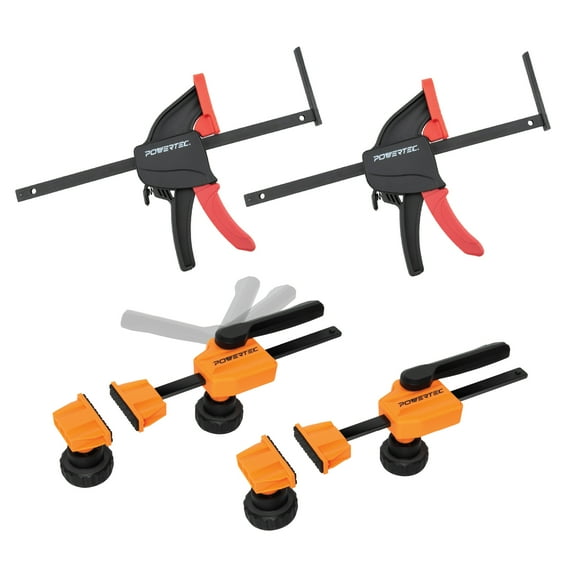 POWERTEC Bench Dog Clamp w/Tracksaw Track Guide Rail Clamp Set |  Quick Clamp and Release Wood Clamps for 3/4" Dog Holes & 2pc 8-3/4 inch Quick Release Clamps for Circular Saw Guide Rail (72239N)