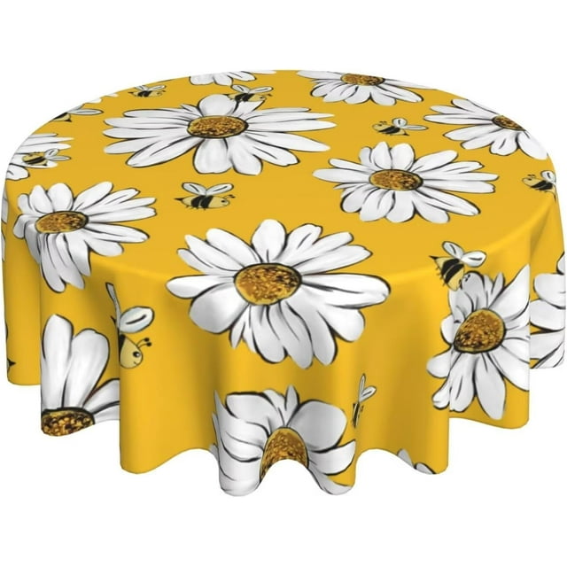 Sunflower Bee Tablecloth Round 70 Inch Yellow Background Daisy Table Cloth Polyester Fabric Floral Bee Summer Table Cover Outdoor Decorative for Kitchen Holiday Party Dining Picnic
