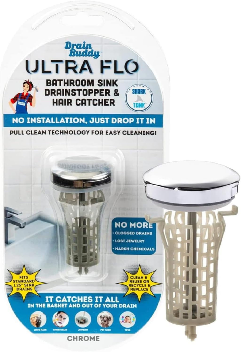 (3 pack) Drain Buddy Ultra Flo Bathroom Sink - Chrome Plastic