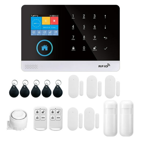 AREALER 433MHz Wireless WIFI   GSM Auto-dial Alarm System LCD Display Door Sensor PIR Motion Sensor Phone APP Remote Control Compatible with Home Voice Control Smart Home Burglar Alarm System