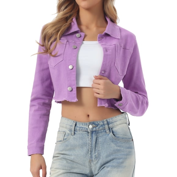 INSPIRE CHIC Women's Jean Jacket Frayed Button Up Washed Cropped Denim Jacket Light Purple S