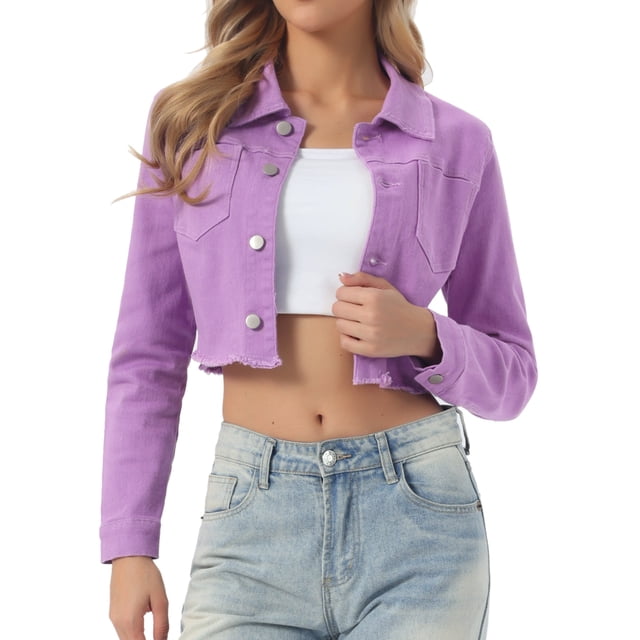 INSPIRE CHIC Women's Jean Jacket Frayed Button Up Washed Cropped Denim Jacket Light Purple S