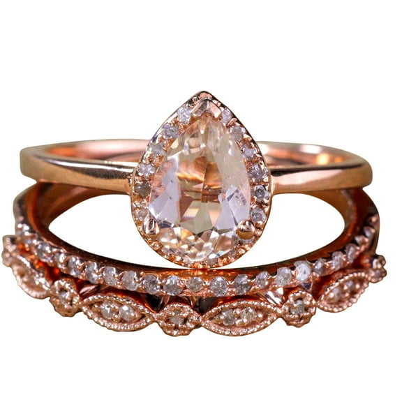Sale 2.25 carat Pear shape Morganite and Diamond Halo Trio Bridal Wedding Ring Set on 10k Rose Gold