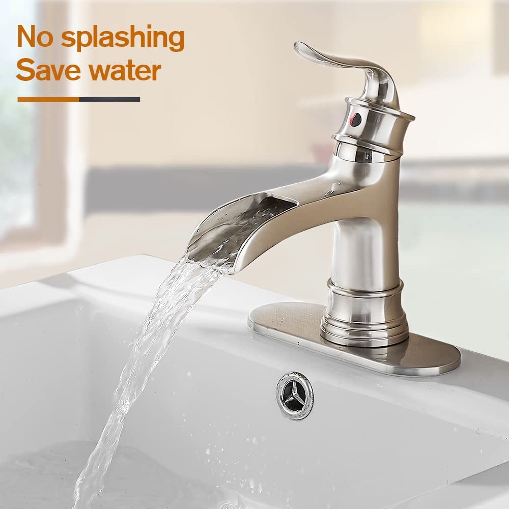 Kede Waterfall Faucet Bathroom Faucet Single Handle One Hole Brushed Nickel Finish Large Spout Lavatory Faucets Waterfall Faucet (Brushed Nickel)