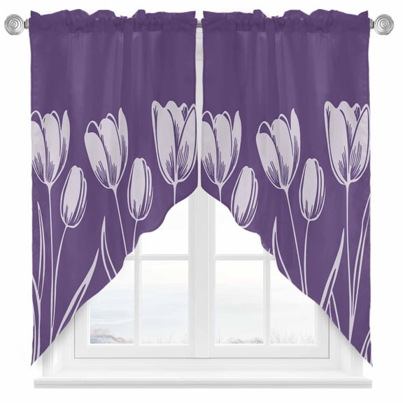 Swag Curtain Valances Purple Tulip Flowers Swag Valances for Kitchen Windows Floral Plant Short Topper Curtains Valance Tier Pair for Kitchen Bedroom Living Room Bathroom 28"x36"