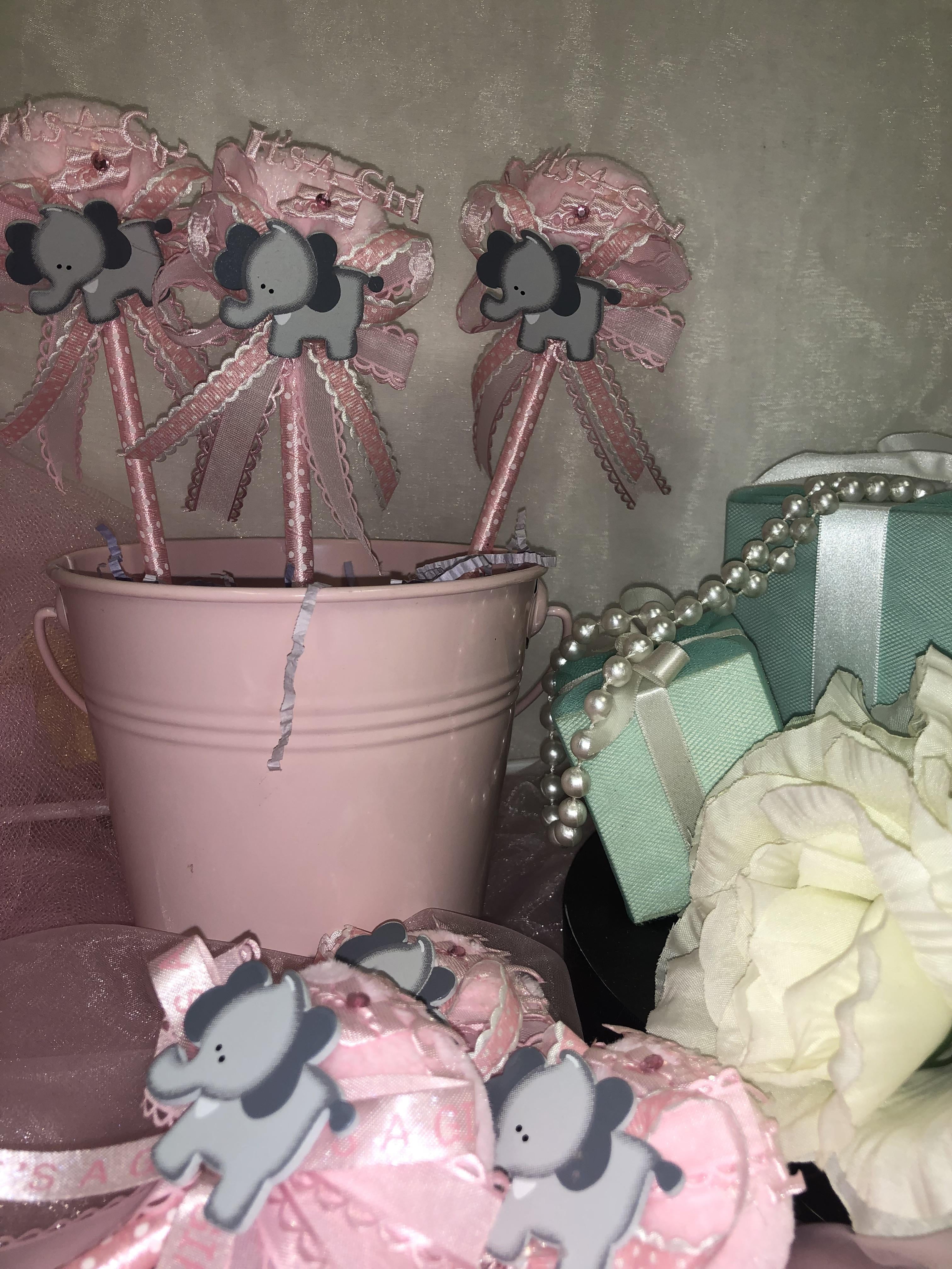 Charmed Baby Shower Elephant PomPom Pens Favors Pink/Gray It's a Girl 12 pieces