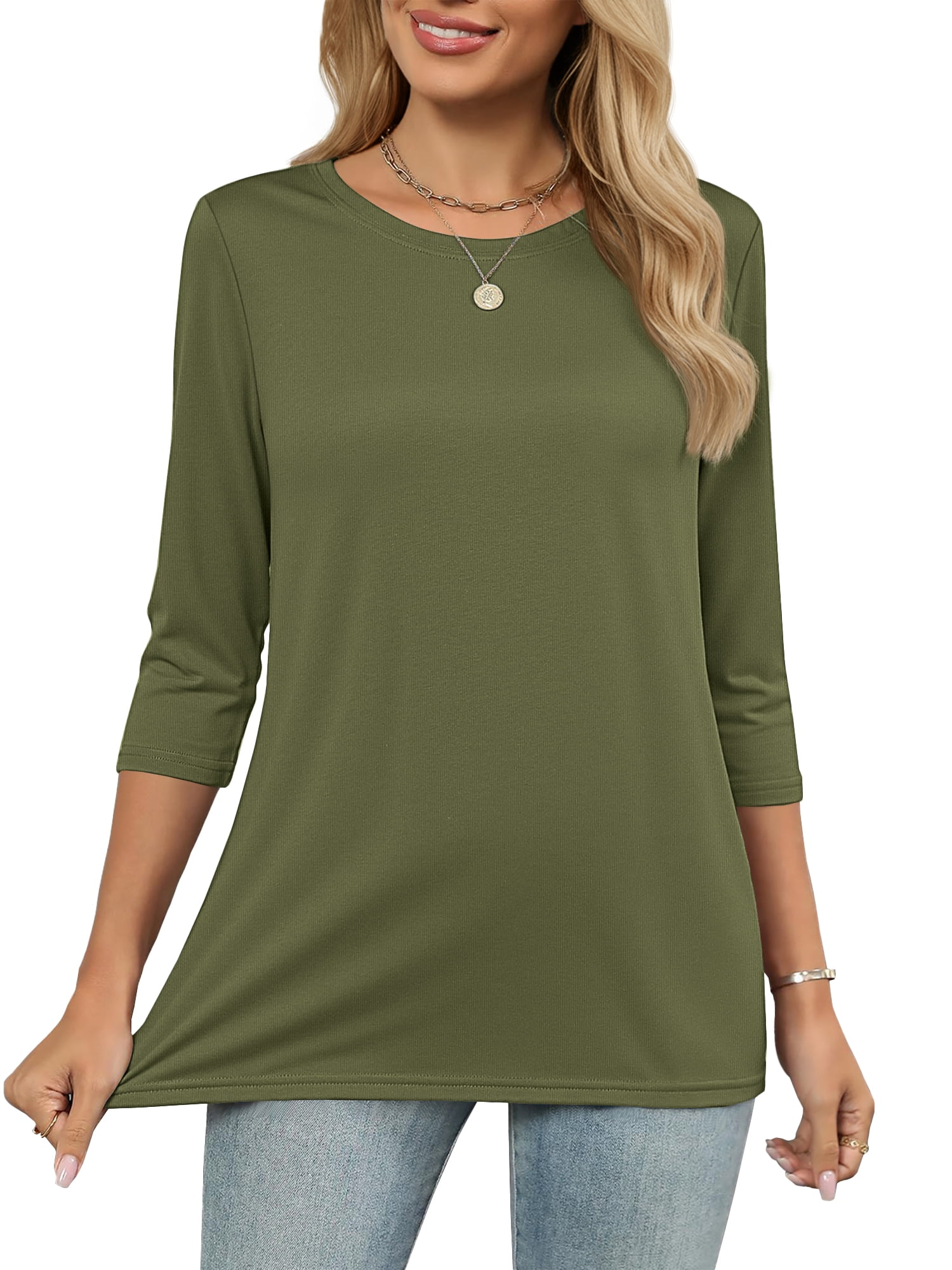 MOSHU 3 Pack 3/4 T Shirts for Womens Crew Neck Womens Shirts Dressy Basics Tees Casual Loose Fit Fall Tops
