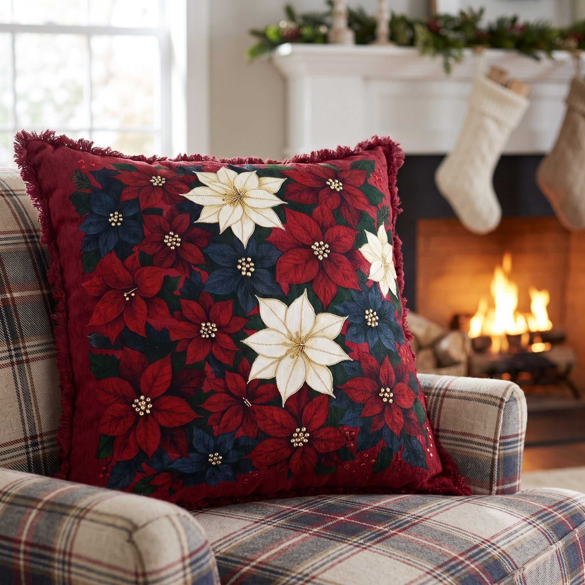 Velvet Poinsettia Decorative Christmas Pillow, Multicolor, 18" x 18", by Holiday Time