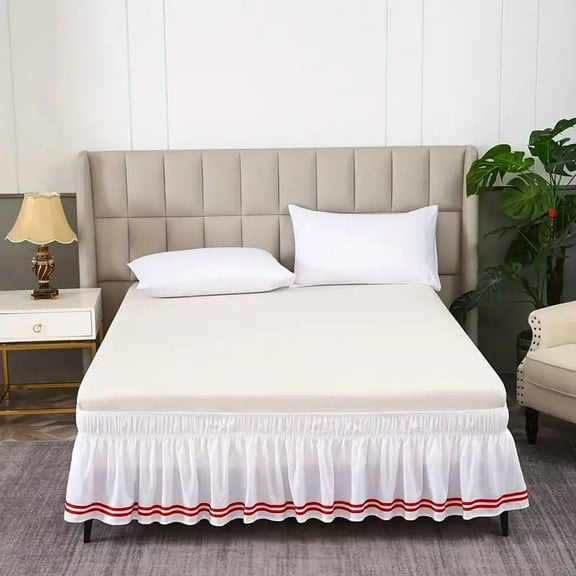 suxuMhao Full Bed Skirt - Elastic Wrap Around Bed Skirt Full,Breathable & Wrinkle-Resistant, Detachable Striped Style, Fits 54×75 Inch Full Size Beds with 15 Inch Drop, White & Red, 1 Piece