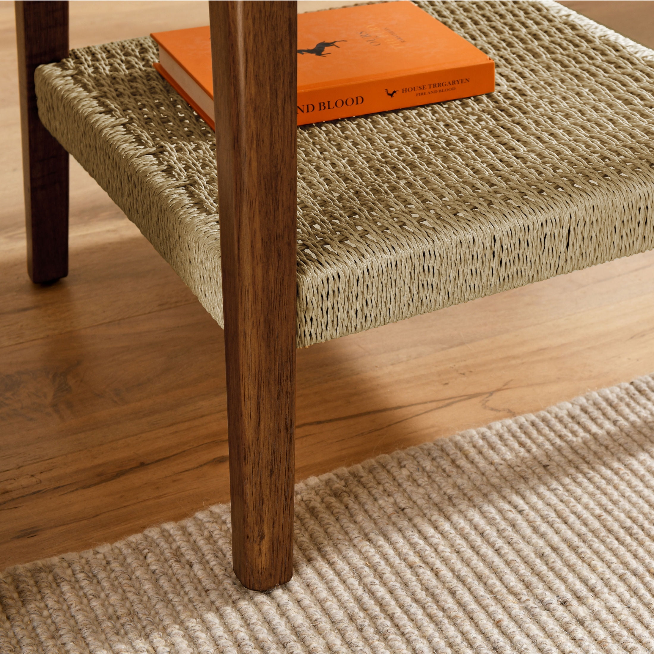 GDF Studio 23" Mid-Century Modern Side Table with Woven Storage Shelf, Solid Wood, Dark Walnut