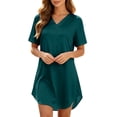 thumbnail image 3 of Summer Nightgowns for Women Silk Short Sleeve Nightshirt Silky T shirt Night Gown V Neck Sleepshirt Loose Sleepwear Dark Green L, 3 of 8