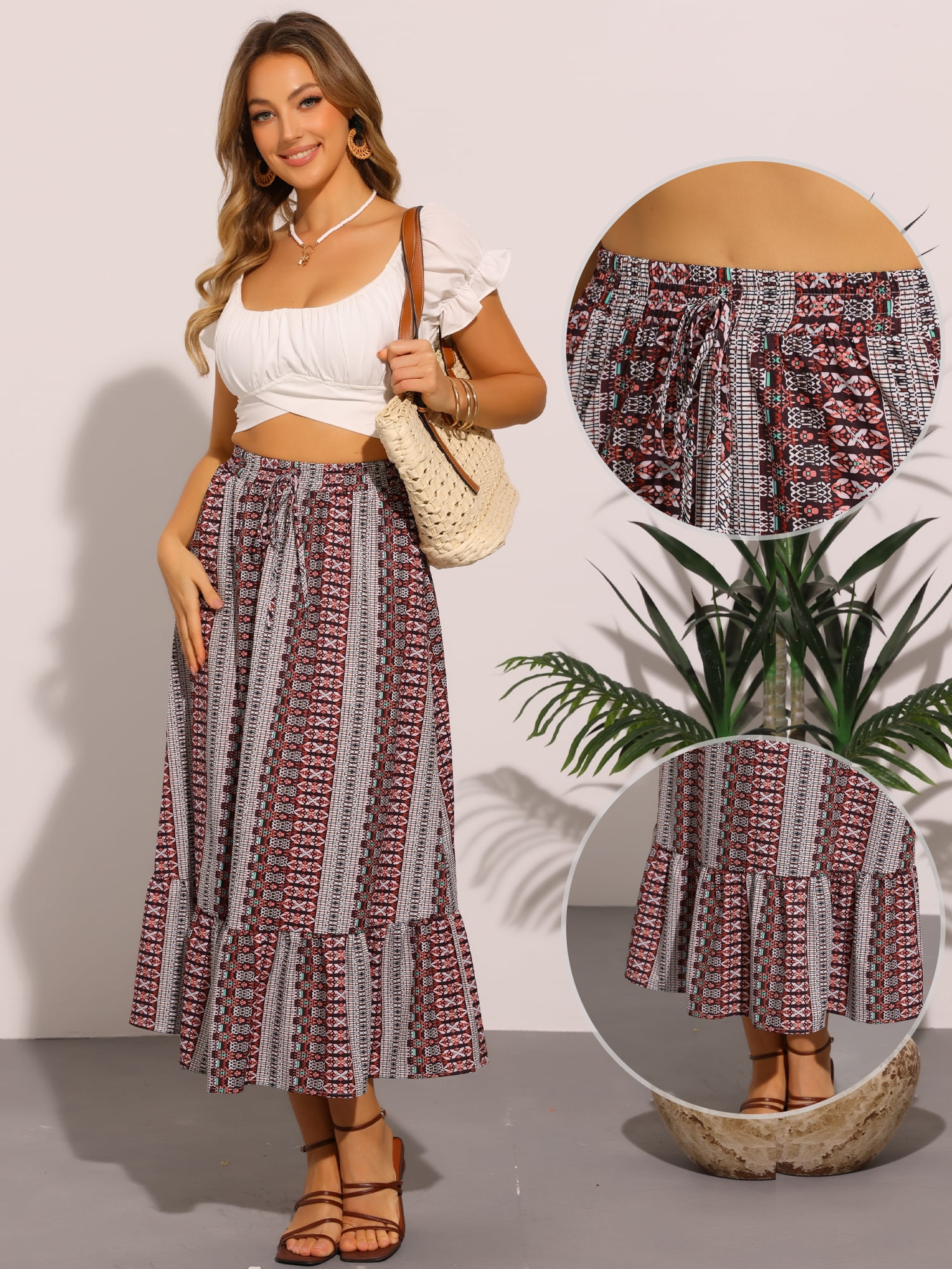 DARING DIVA Women's Elastic High Waist A-Line Spring Printed Midi Skirt S Dark Red