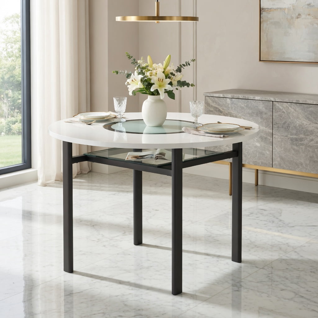 Hommoo 42 Inch Round Dining Table, Modern MDF Top with Gray Tempered Glass Inlay & Metal Base, 4-6 Person Minimalist Table for Dining Room, Kitchen, or Office, White & Black