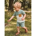 thumbnail image 4 of BemeyourBBs Toddler Baby Boy Summer Clothes 2 Pieces Outfit Waffle Knit Contrast Short Sleeve T Shirts and Pockets Shorts Set, 4 of 9