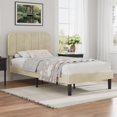 thumbnail image 2 of VECELO Twin Size Upholstered Beds, Modern Platform Bed Frame with Adjustable Headboard, Wooden Slats Support/No Box Spring Needed, Beige, 2 of 8