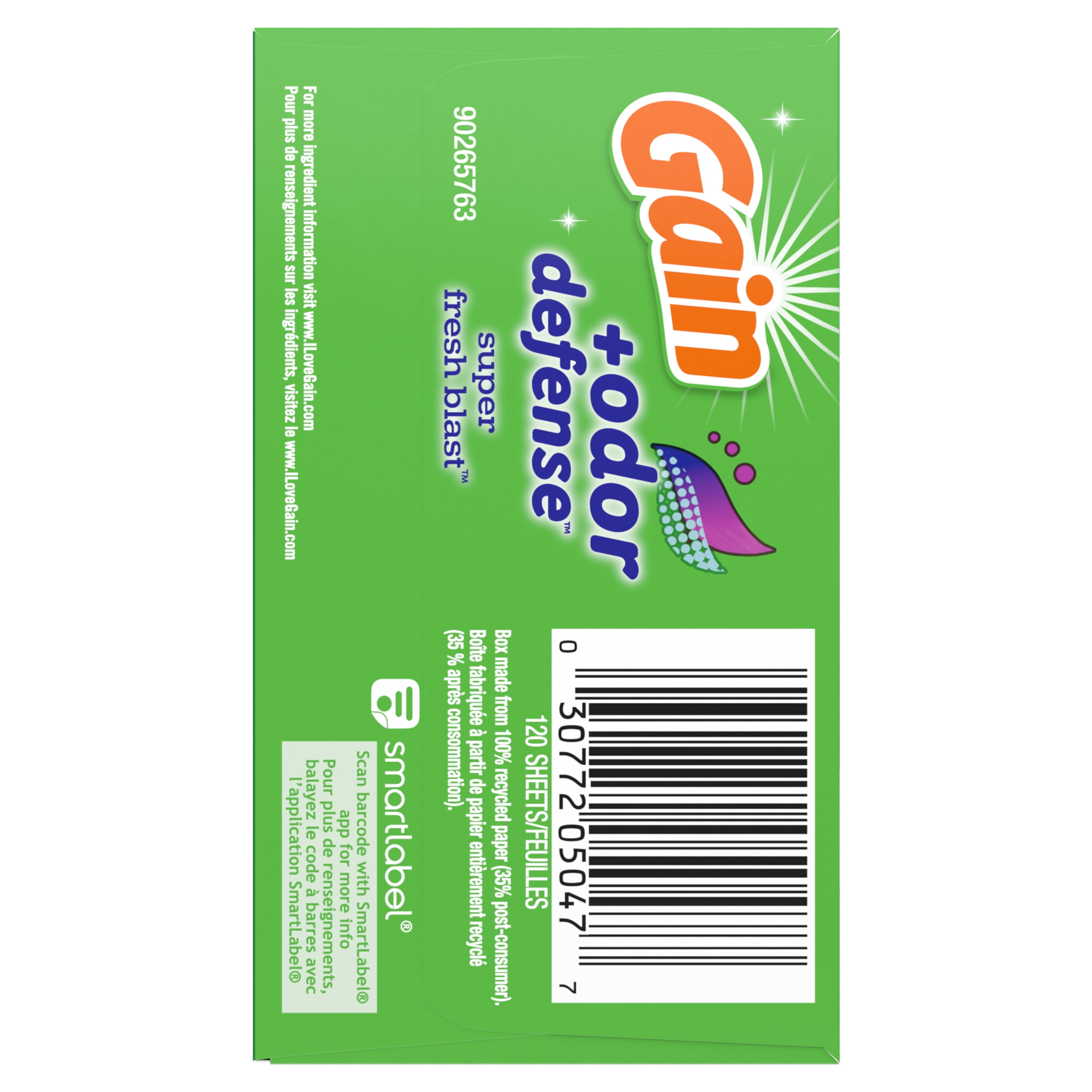 Gain Fabric Softener Dryer Sheets +Odor Defense, Super Fresh Blast Scent, 120 Count