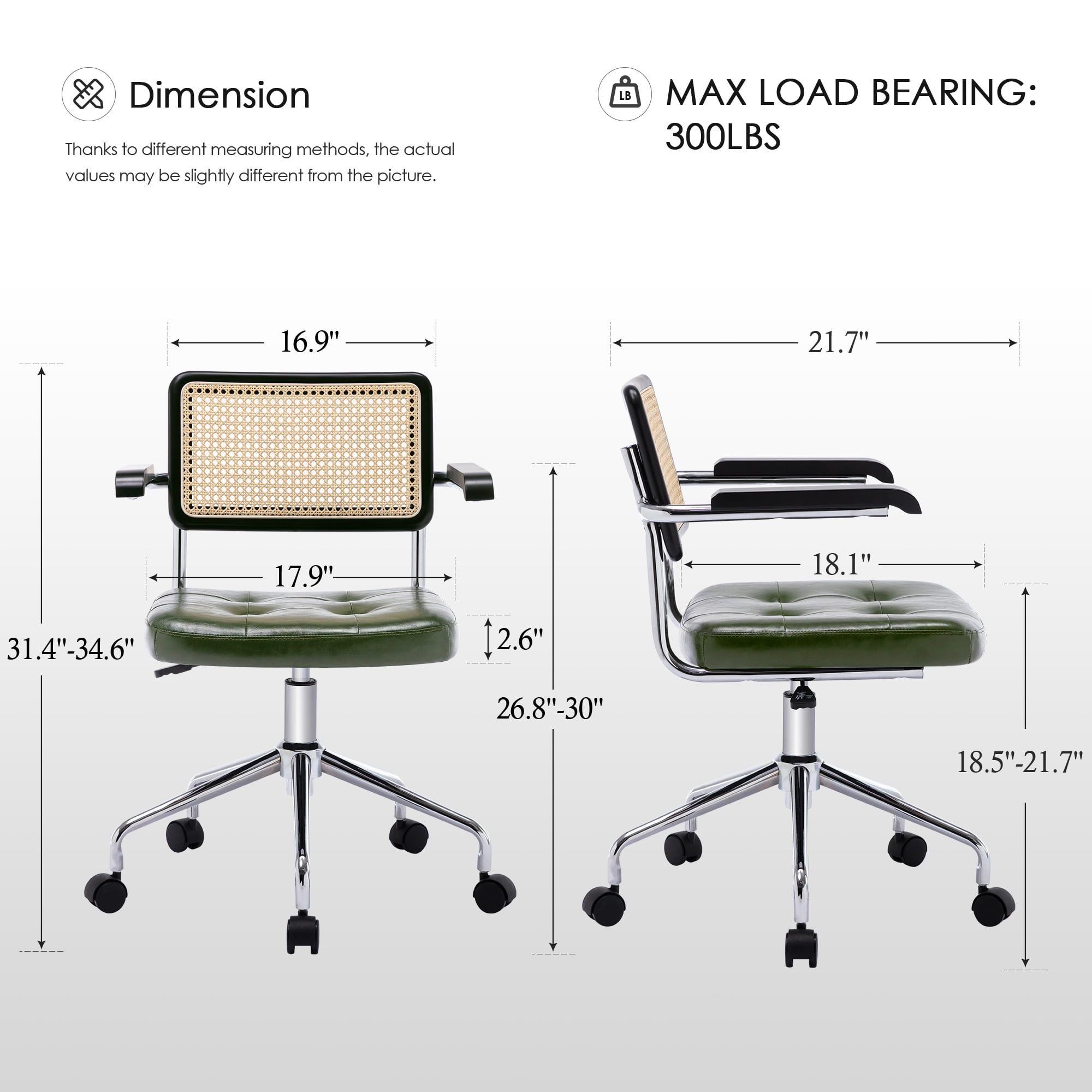 ONEVOG Tufted Leather Desk Chair, Swivel Home Office Chair with Rattan Back, Upholstered Vanity Chair with Arm, Adjustable Height Computer Task Chair, Green
