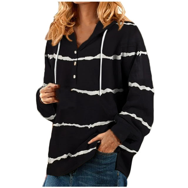 Mujeres Otoño Invierno suelta Color Block StripeV-cuello botones Crop entrenamiento manga larga Sudadera con capucha Tops pulóver blusa Fridja fhghd2409