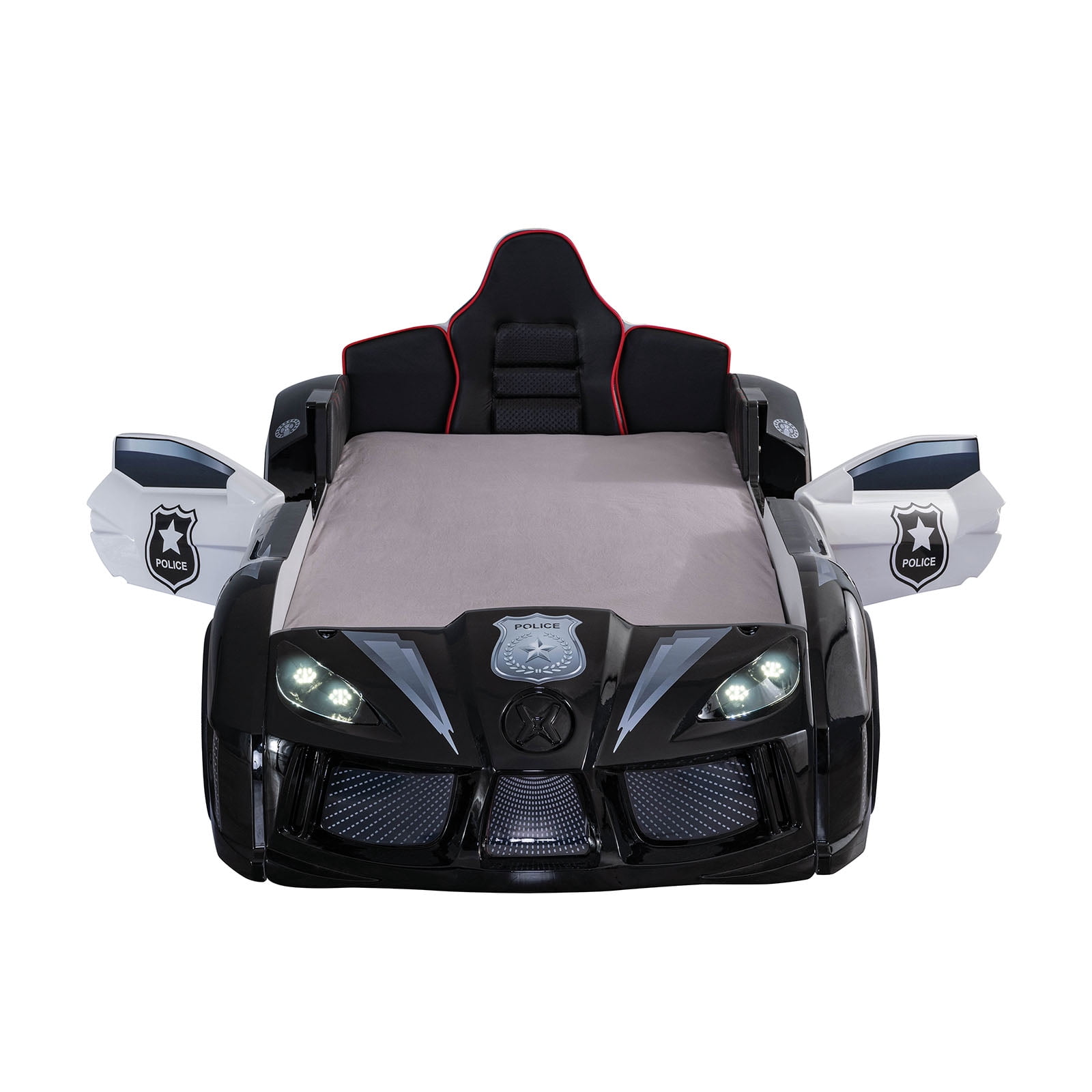 Modern Novelty Style Twin Size Police Car Bed Two Magnetic Doors LED On Wheels And Bottom Race Car Design Upholstery Headboard Black And White Finish