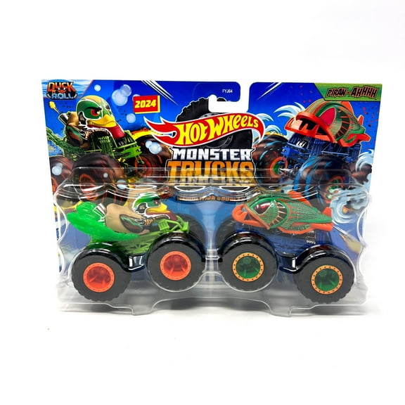 Hot Wheels Duck N Roll Vs Piran-Ahhhh Monster Trucks, Green, 1:64 Scale, (Pack of 2)