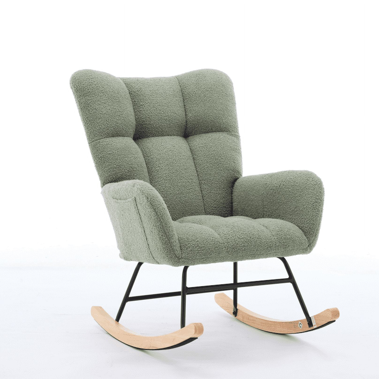 BISHE Modern Nursery Rocking Chair Upholstered Glider Chair with High Backrest Rocker Accent Armchair with Solid Wood Legs for Nursery Bedroom Living Room Teddy, Green